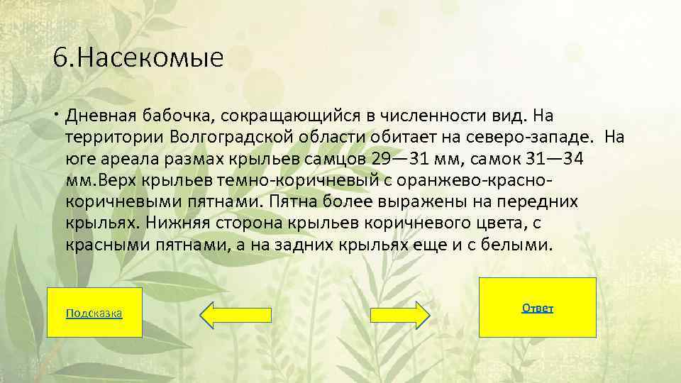 6. Насекомые Дневная бабочка, сокращающийся в численности вид. На территории Волгоградской области обитает на