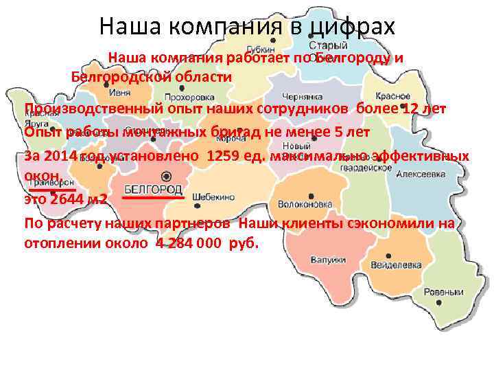 Наша компания в цифрах Наша компания работает по Белгороду и Белгородской области Производственный опыт