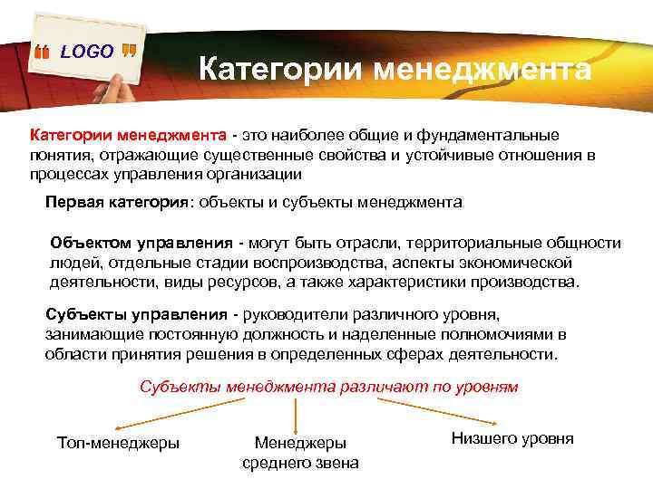 LOGO Категории менеджмента это наиболее общие и фундаментальные понятия, отражающие существенные свойства и устойчивые