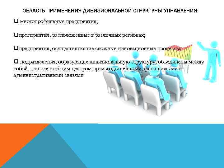 ОБЛАСТЬ ПРИМЕНЕНИЯ ДИВИЗИОНАЛЬНОЙ СТРУКТУРЫ УПРАВЛЕНИЯ: q многопрофильные предприятия; qпредприятия, расположенные в различных регионах; qпредприятия,