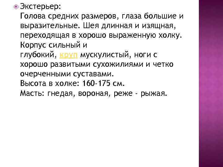  Экстерьер: Голова средних размеров, глаза большие и выразительные. Шея длинная и изящная, переходящая