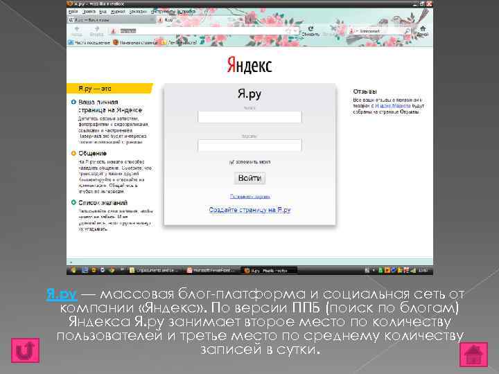 Я. ру — массовая блог-платформа и социальная сеть от компании «Яндекс» . По версии