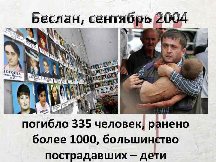 Беслан, сентябрь 2004 погибло 335 человек, ранено более 1000, большинство пострадавших – дети 