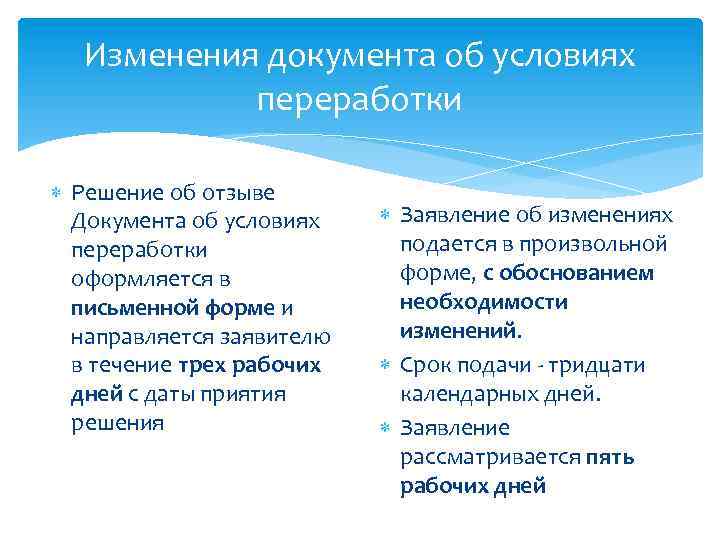 Изменения документа об условиях переработки Решение об отзыве Документа об условиях переработки оформляется в