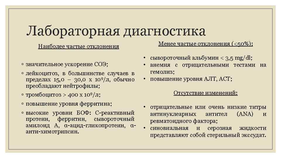 Лабораторная диагностика Наиболее частые отклонения ◦ значительное ускорение СОЭ; ◦ лейкоцитоз, в большинстве случаев