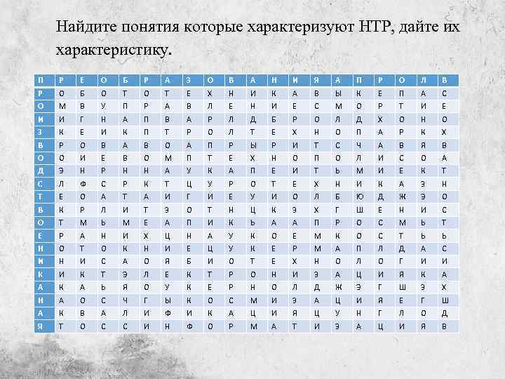 Найдите понятия которые характеризуют НТР, дайте их характеристику. П Р Е О Б Р