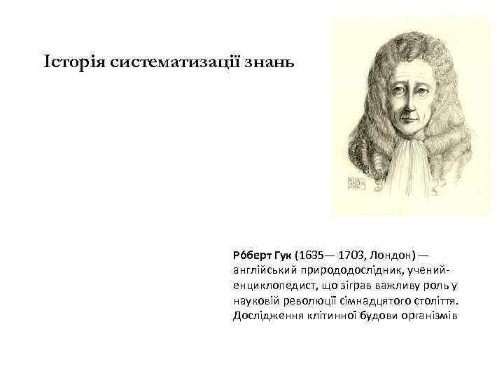 Історія систематизації знань Ро берт Гук (1635— 1703, Лондон) — англійський природодослідник, учений енциклопедист,