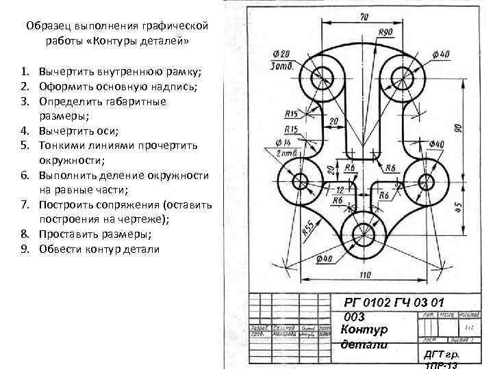 Образец выполнения графической работы «Контуры деталей» 1. Вычертить внутреннюю рамку; 2. Оформить основную надпись;