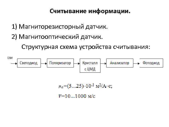 Считывание информации. 1) Магниторезисторный датчик. 2) Магнитооптический датчик. Структурная схема устройства считывания: 