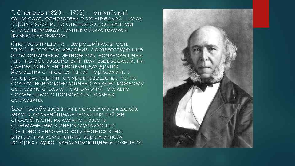 Г. Спенсер (1820 — 1903) — английский философ, основатель органической школы в философии. По