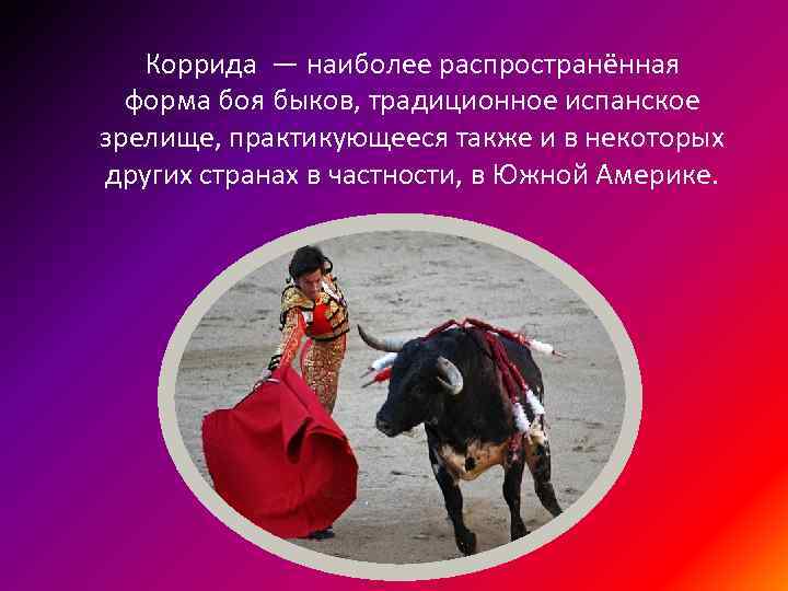 Коррида — наиболее распространённая форма боя быков, традиционное испанское зрелище, практикующееся также и в