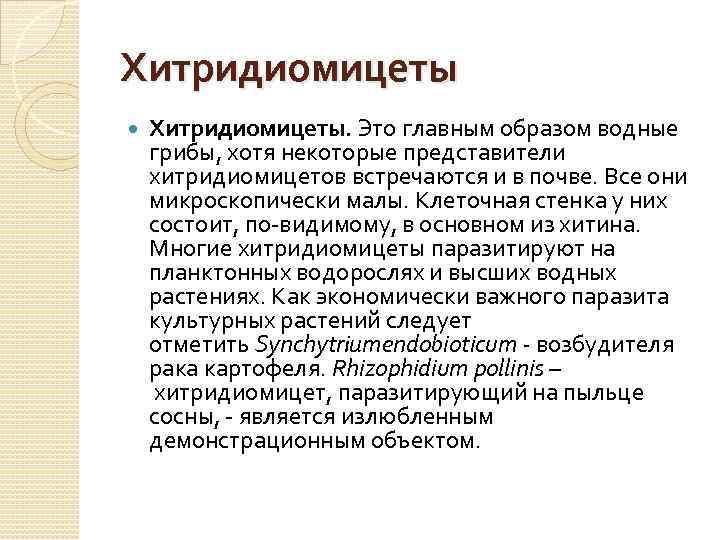 Хитридиомицеты Хитридиомицеты. Это главным образом водные грибы, хотя некоторые представители хитридиомицетов встречаются и в