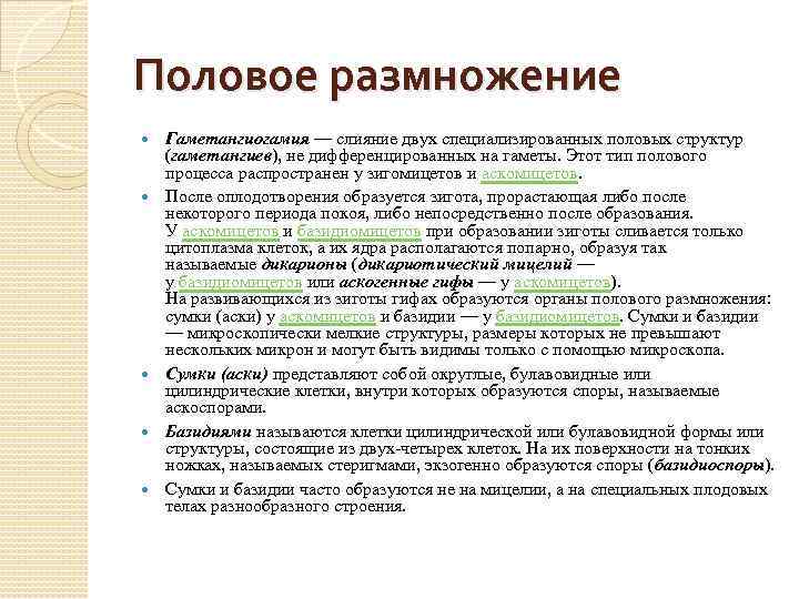 Половое размножение Гаметангиогамия — слияние двух специализированных половых структур (гаметангиев), не дифференцированных на гаметы.