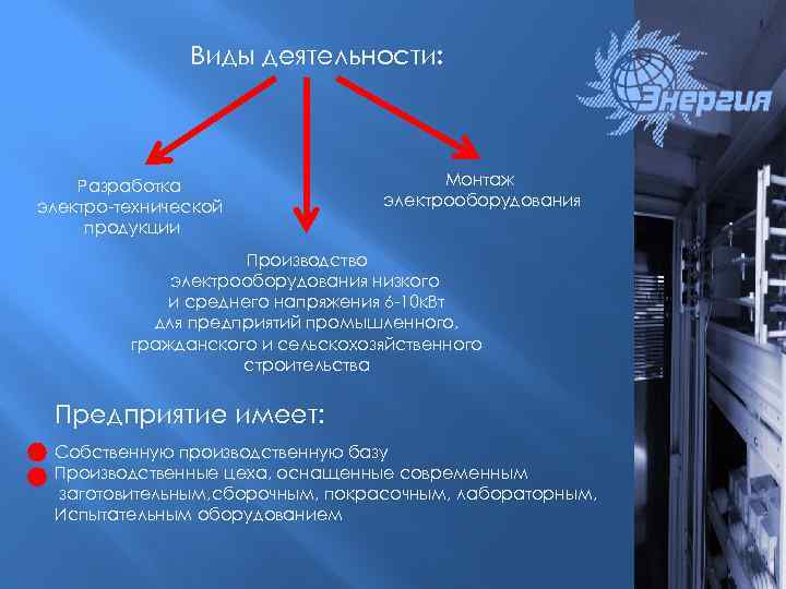 Виды деятельности: Разработка электро-технической продукции Монтаж электрооборудования Производство электрооборудования низкого и среднего напряжения 6