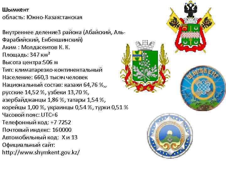 Шымкент область: Южно-Казахстанская Внутреннее деление 3 района (Абайский, Аль. Фарабийский, Енбекшинский) Аким : Молдасеитов