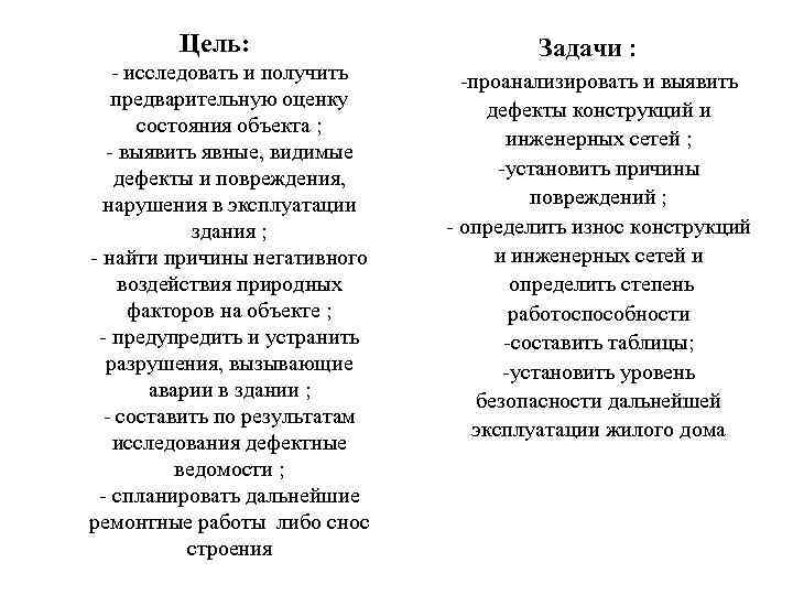 Цель: - исследовать и получить предварительную оценку состояния объекта ; - выявить явные, видимые