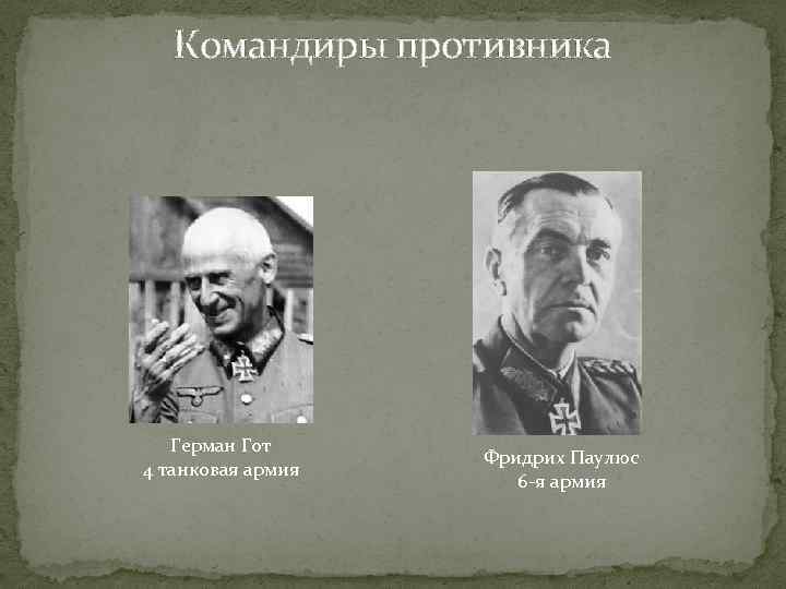 Командиры противника Герман Гот 4 танковая армия Фридрих Паулюс 6 -я армия 