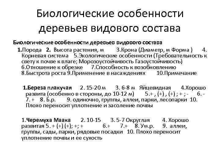 Биологические особенности деревьев видового состава 1. Порода 2. Высота растения, м 3. Крона (Диаметр,