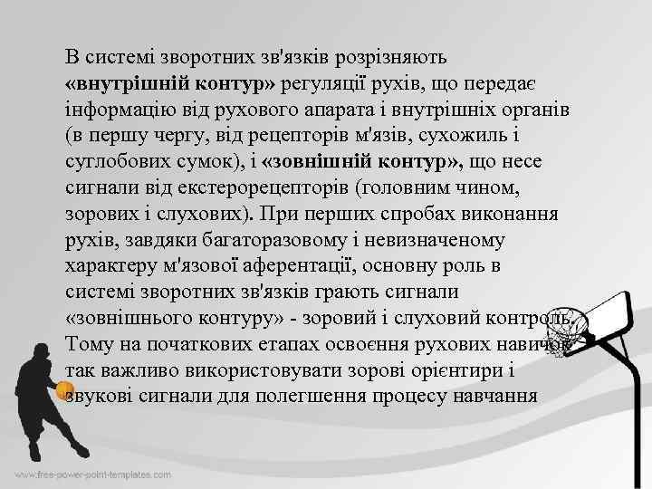 В системі зворотних зв'язків розрізняють «внутрішній контур» регуляції рухів, що передає інформацію від рухового