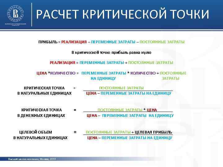 РАСЧЕТ КРИТИЧЕСКОЙ ТОЧКИ ПРИБЫЛЬ = РЕАЛИЗАЦИЯ – ПЕРЕМЕННЫЕ ЗАТРАТЫ – ПОСТОЯННЫЕ ЗАТРАТЫ В критической