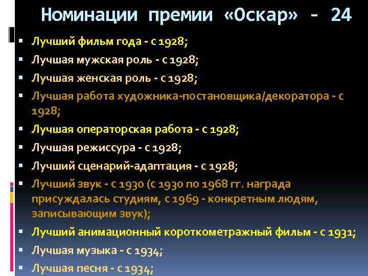 Номинации премии «Оскар» - 24 Лучший фильм года - с 1928; Лучшая мужская роль