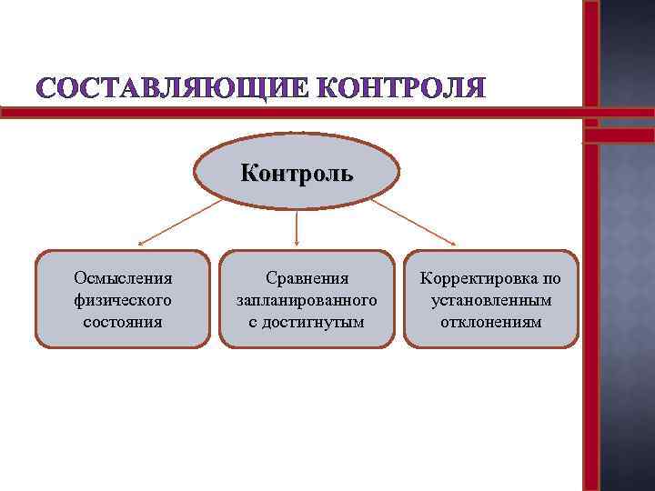СОСТАВЛЯЮЩИЕ КОНТРОЛЯ Контроль Осмысления физического состояния Сравнения запланированного с достигнутым Корректировка по установленным отклонениям