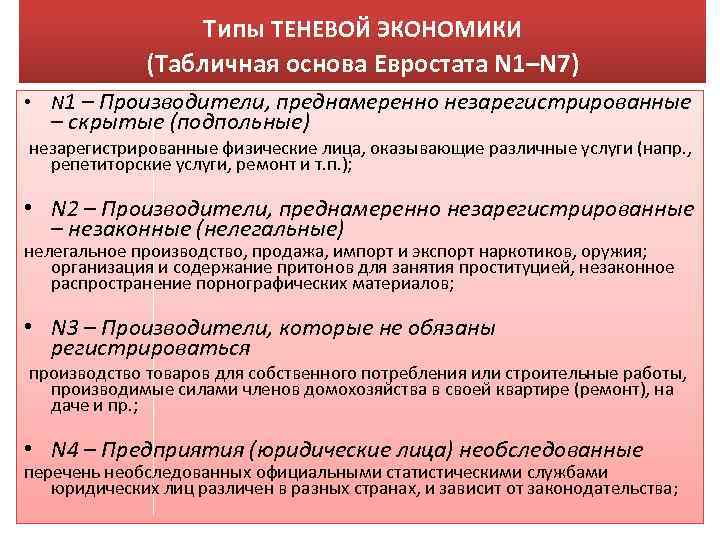 Типы ТЕНЕВОЙ ЭКОНОМИКИ (Табличная основа Евростата N 1–N 7) • N 1 – Производители,