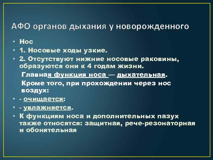 АФО органов дыхания у новорожденного • Нос • 1. Носовые ходы узкие. • 2.