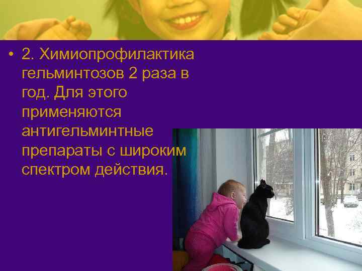 • 2. Химиопрофилактика гельминтозов 2 раза в год. Для этого применяются антигельминтные препараты