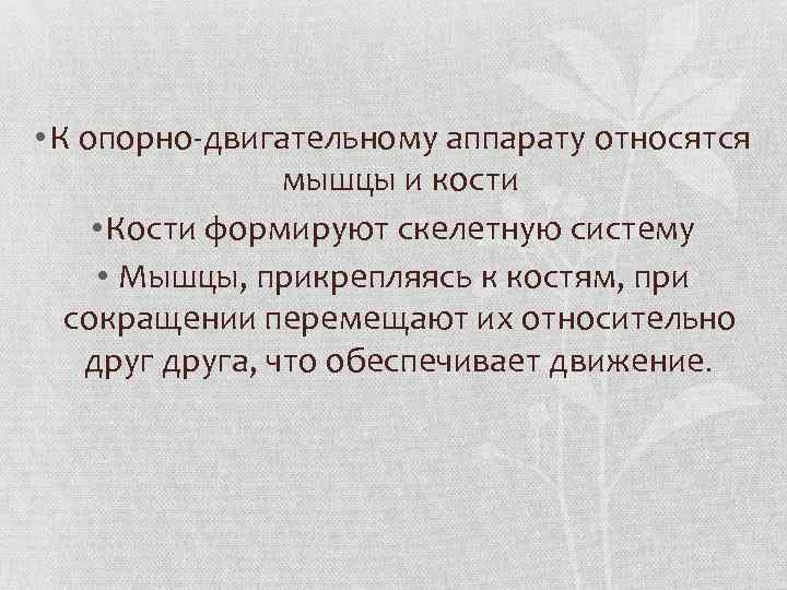  • К опорно-двигательному аппарату относятся мышцы и кости • Кости формируют скелетную систему