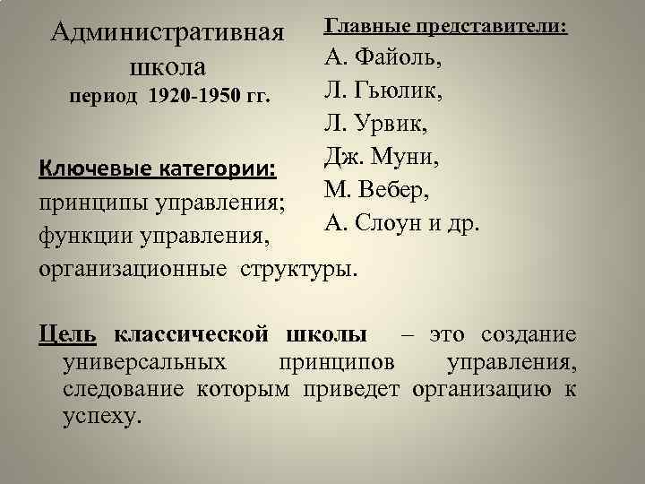 Административная школа период 1920 -1950 гг. Главные представители: А. Файоль, Л. Гьюлик, Л. Урвик,