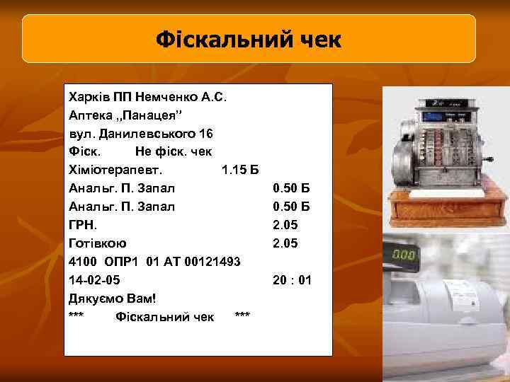 Фіскальний чек Харків ПП Немченко А. С. Аптека „Панацея” вул. Данилевського 16 Фіск. Не