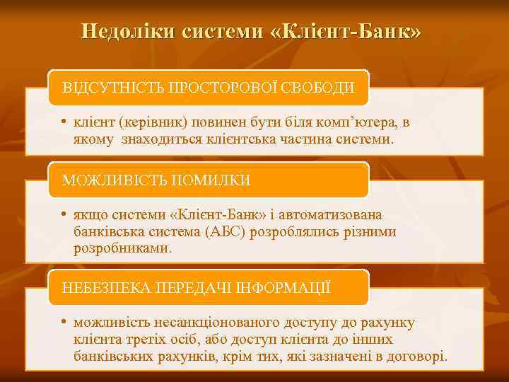 Недоліки системи «Клієнт-Банк» ВІДСУТНІСТЬ ПРОСТОРОВОЇ СВОБОДИ • клієнт (керівник) повинен бути біля комп’ютера, в