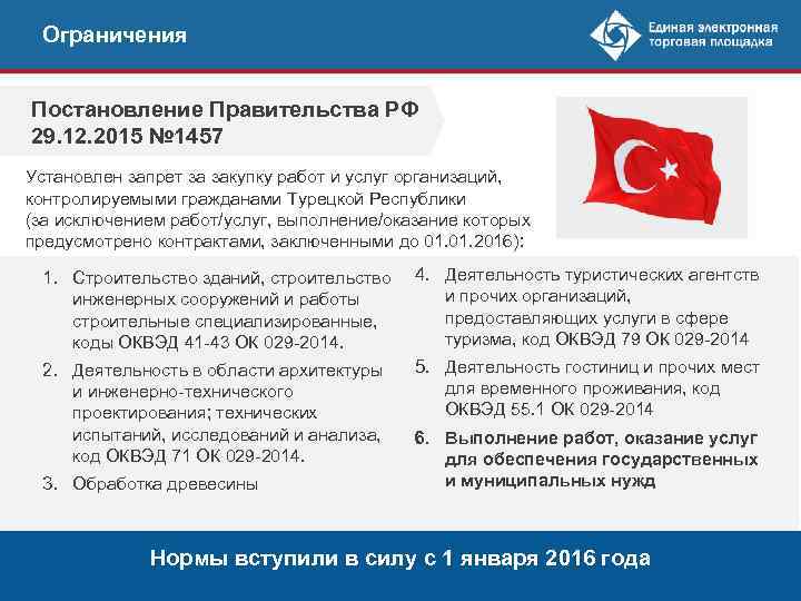 Ограничения Постановление Правительства РФ 29. 12. 2015 № 1457 Установлен запрет за закупку работ