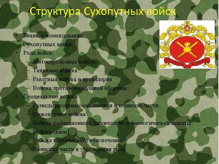 Структура Сухопутных войск • Главное командование Сухопутных войск • Рода войск: – Мотострелковые войска