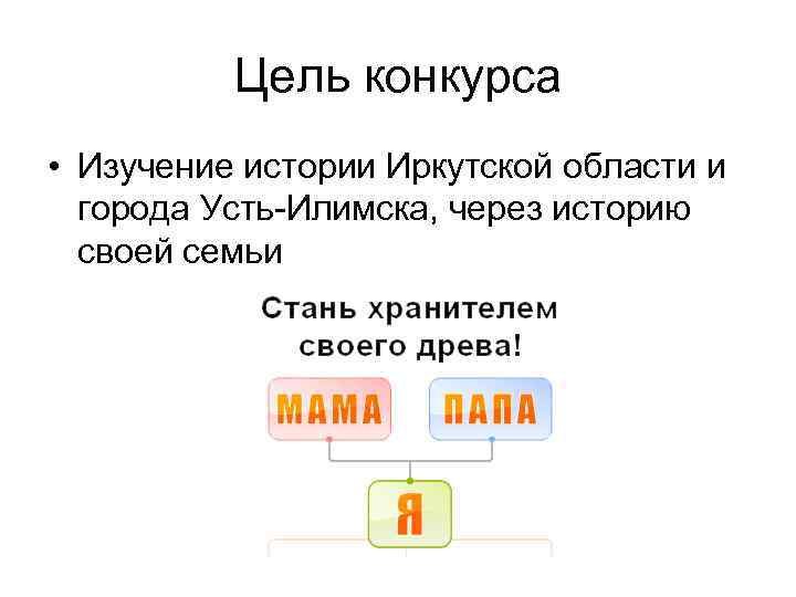 Цель конкурса • Изучение истории Иркутской области и города Усть-Илимска, через историю своей семьи