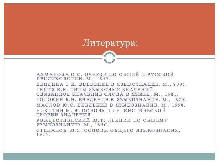 Литература: АХМАНОВА О. С. ОЧЕРКИ ПО ОБЩЕЙ И РУССКОЙ ЛЕКСИКОЛОГИИ. М. , 1957. ВЕНДИНА