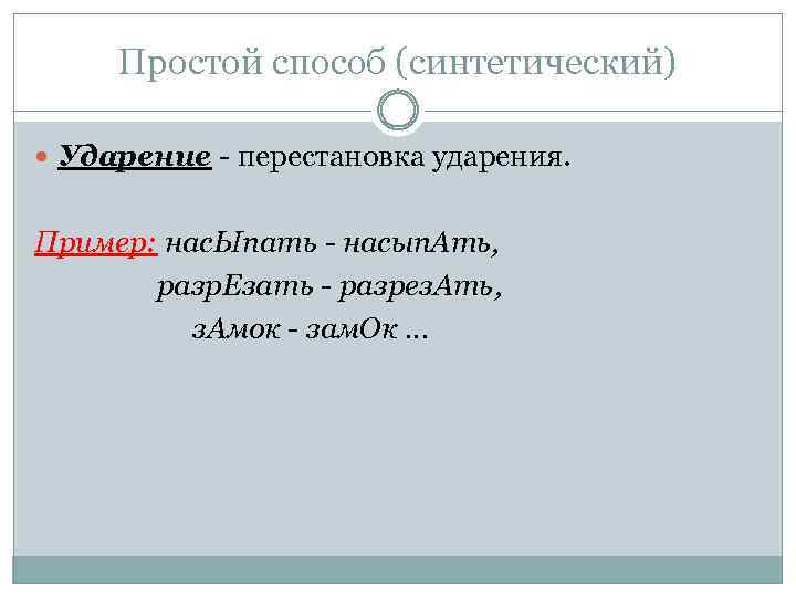 Простой способ (синтетический) Ударение - перестановка ударения. Пример: нас. Ыпать - насып. Ать, разр.