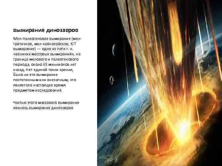 вымирание динозавров Мел-палеогеновое вымирание (мелтретичное, мел-кайнозойское, K-T вымирание) — одно из пяти т. н.
