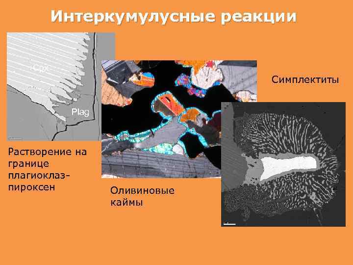 Интеркумулусные реакции Cpx Симплектиты Plag Растворение на границе плагиоклазпироксен Оливиновые каймы 