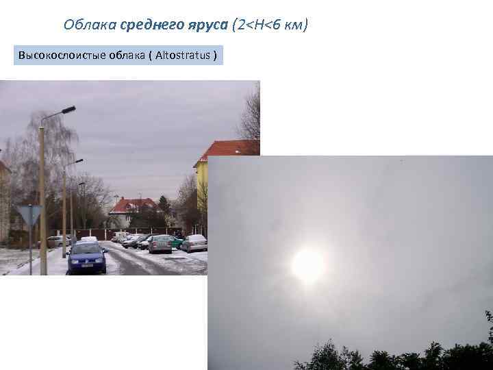 Облака среднего яруса (2<H<6 км) Высокослоистые облака ( Altostratus ) 