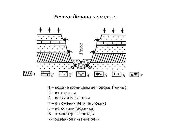 Речная долина в разрезе 1 – водонепроницаемые породы (глины) 2 – известняки 3 –