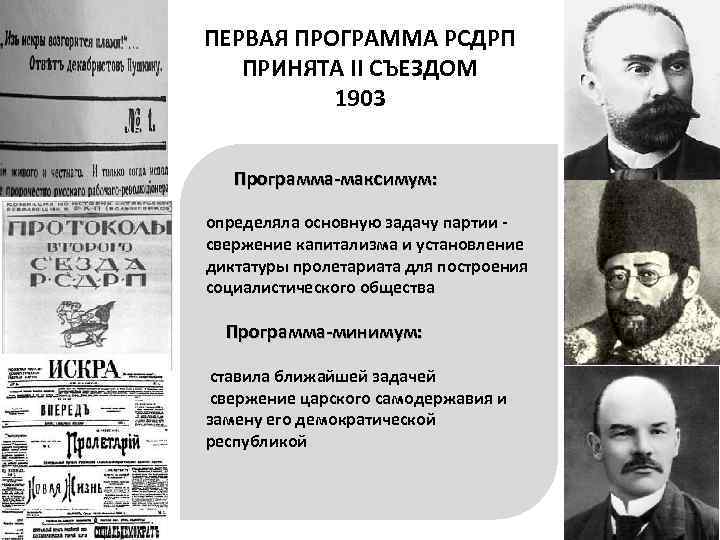 ПЕРВАЯ ПРОГРАММА РСДРП ПРИНЯТА II СЪЕЗДОМ 1903 Программа-максимум: определяла основную задачу партии - свержение