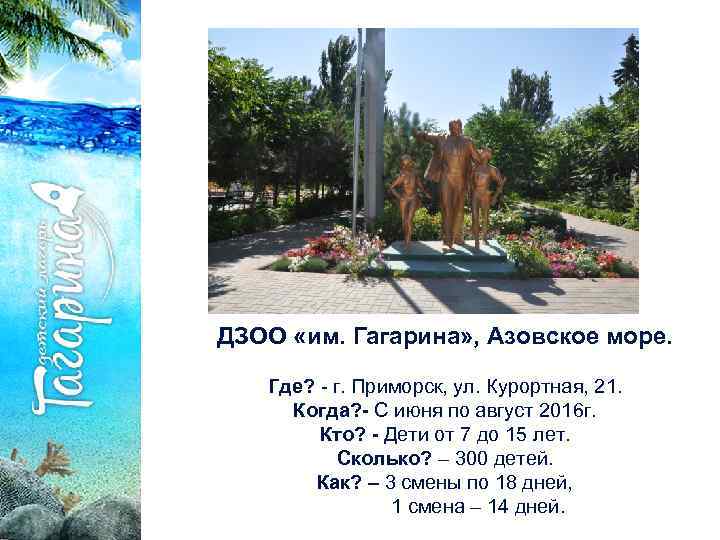 ДЗОО «им. Гагарина» , Азовское море. Где? - г. Приморск, ул. Курортная, 21. Когда?