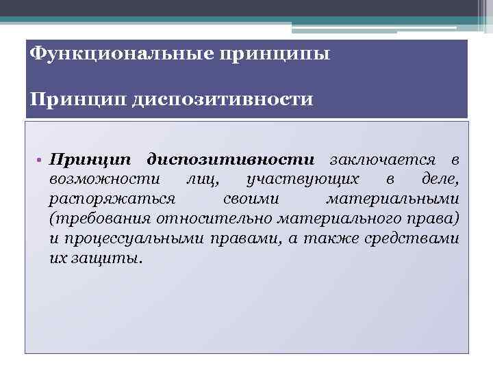 Функциональные принципы Принцип диспозитивности • Принцип диспозитивности заключается в возможности лиц, участвующих в деле,