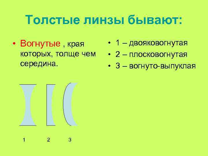 Толстые линзы бывают: • Вогнутые , края которых, толще чем середина. 1 2 3