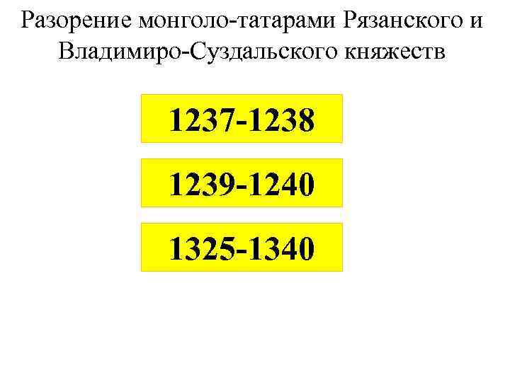 Разорение монголо татарами Рязанского и Владимиро Суздальского княжеств 1237 -1238 1239 -1240 1325 -1340