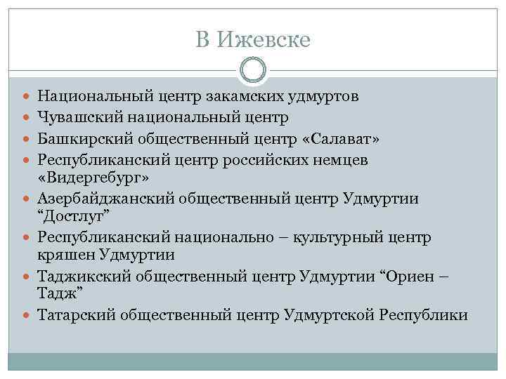 В Ижевске Национальный центр закамских удмуртов Чувашский национальный центр Башкирский общественный центр «Салават» Республиканский