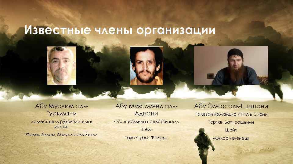 Известные члены организации Абу Муслим аль. Туркмани Абу Мухаммед аль. Аднани Абу Омар аль-Шишани