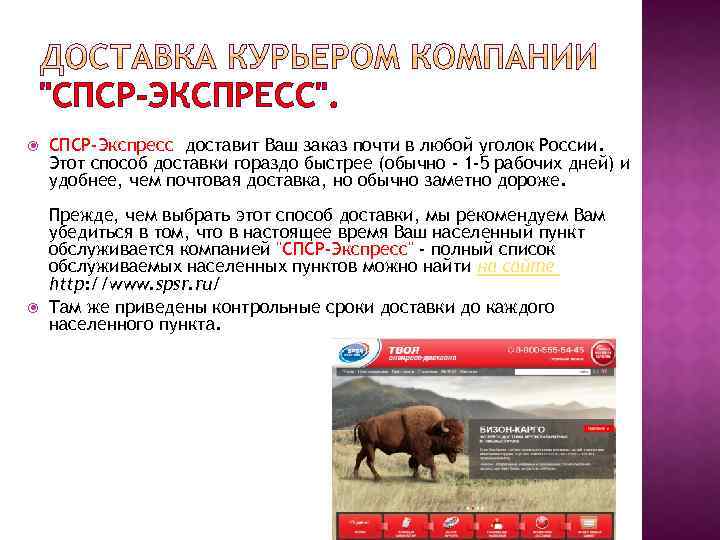 "СПСР-ЭКСПРЕСС". СПСР-Экспресс доставит Ваш заказ почти в любой уголок России. Этот способ доставки гораздо